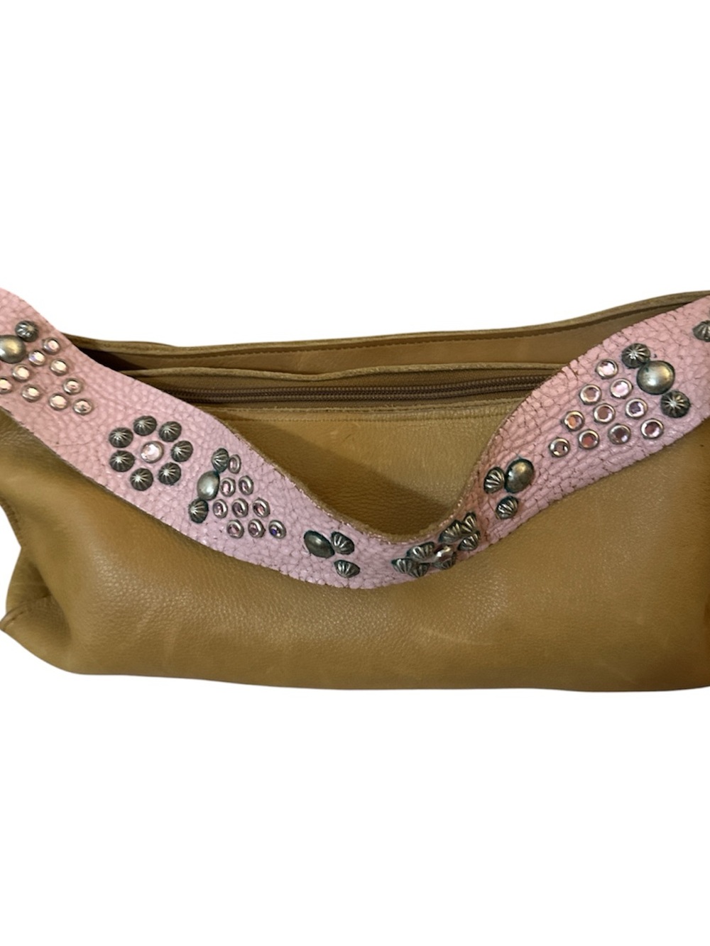 Two bar west handmade leather Tan Shoulder Bag with Pink Studded Strap good cond